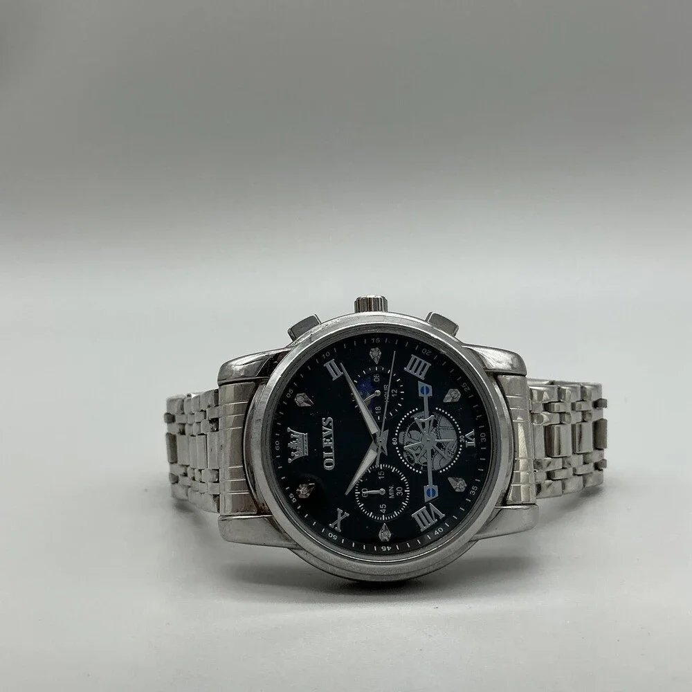 OLEVS Chronograph Mens Watch 42mm Black Dial Moon Phase New Battery 8.75